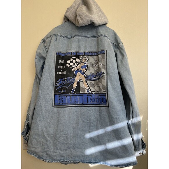 Vtg Laughing Y2K Feeling Lucky Denim Jacket Hooded American Original Auto Racing - Picture 1 of 16